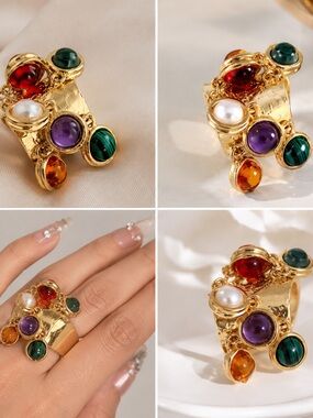 Vintage Adjustable Gemstone Statement Ring | Gold Tone Boho Chic